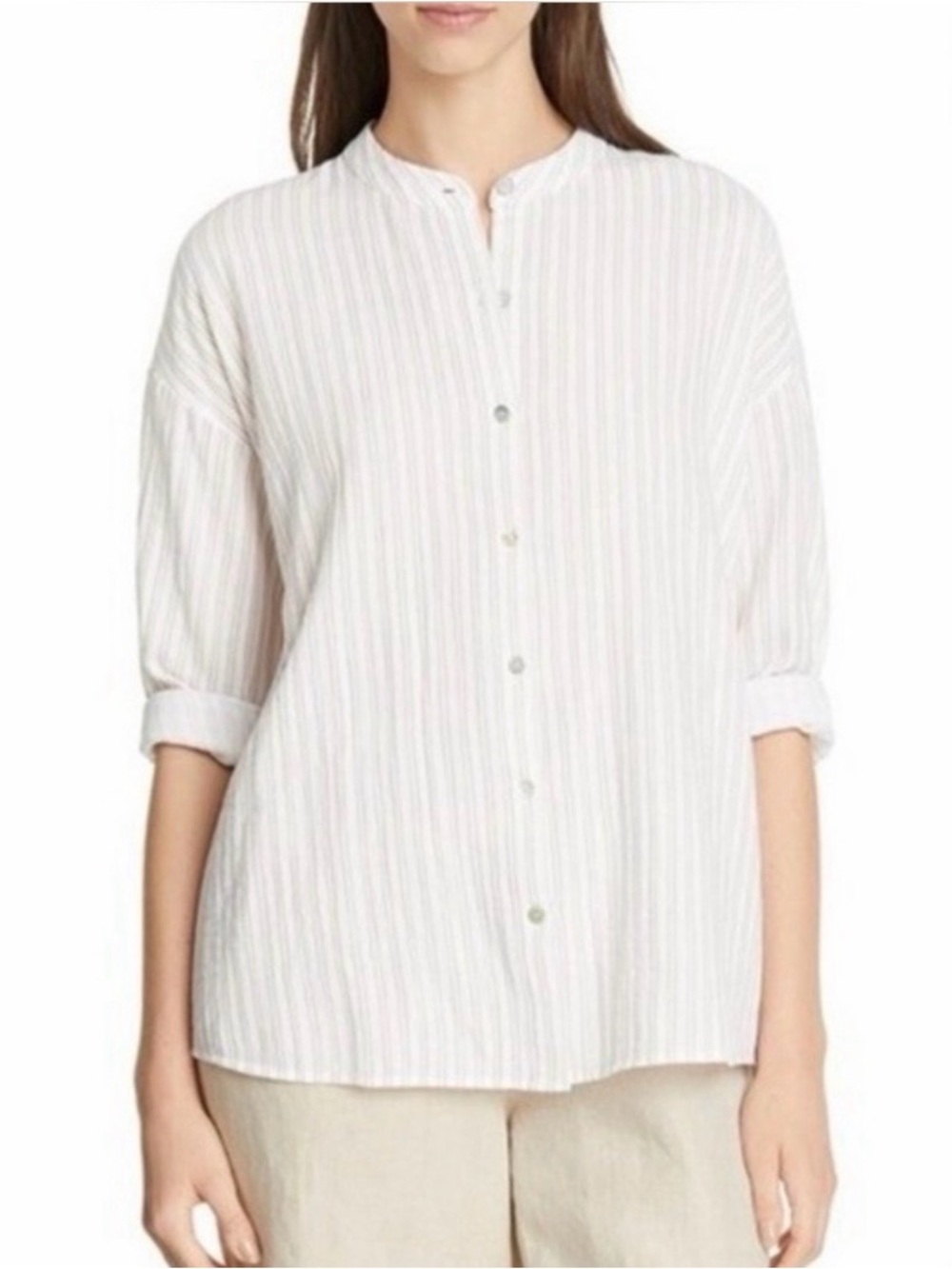 Eileen Fisher White/Beige Striped Organic Cotton Button Front Shirt 3/4 Sleeves
